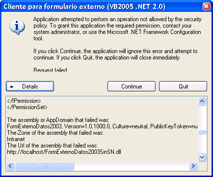 Figura 4. Error producido por el cliente de .NET 2.0