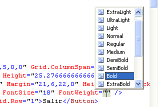 Figura 5. Podemos modificar el código XAML fácilmente con IntelliSense