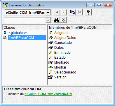 El examinador de objetos de VB6 con el contenido de la DLL de .NET