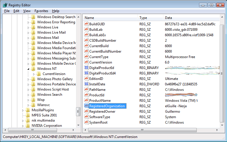 Figura 4. La clave del registro de Windows Vista de 32