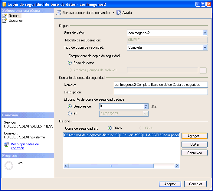 Figura 2. Cuadro de dilogo para hacer la copia de seguridad