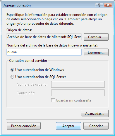 Figura 8. Agregar conexión a una base de datos de SQL Server en un archivo