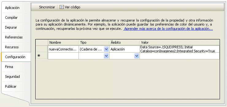 Figura 10. Los valores de Configuracin con la cadena de conexin