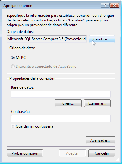 Figura 6. Inicialmente ofrece crear una conexión con SQL Server Compact 3.5