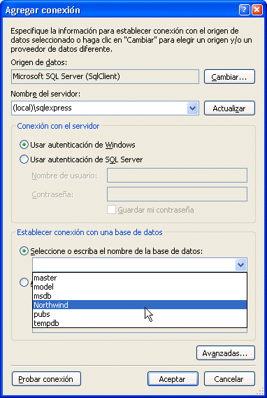 Figura 5. Seleccionamos el servidor de SQL Server y la base de datos para la conexión