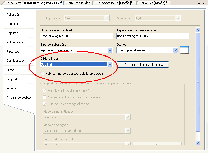 Figura 2. En las propiedades del proyecto le indicamos que empiece con el cdigo de Sub Main