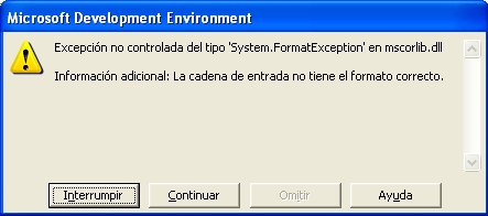 Excepción no controlada del tipo 'System.FormatException' en mscorlib.dll