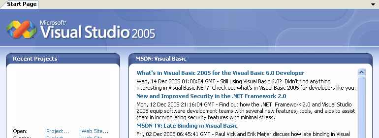 Start Page - MSDN: Visual Basic 2005