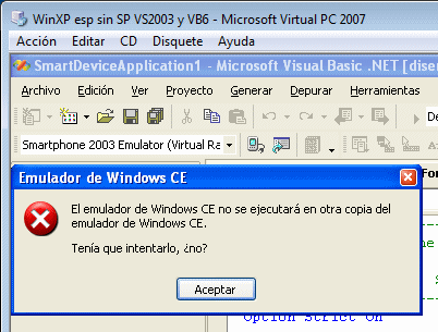Mensaje del emulador de Windows CE ejecutándose en una máquina virtual... este mensaje es real y termina diciendo Tenía que intentarlo...