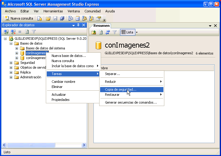 Figura 1. Hacer copia de seguridad de una base de SQL Server