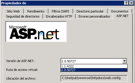 Figura 3. Configurar la versión de .NET en IIS