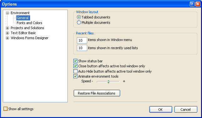 Figura 2. Opciones de configuración de Visual Basic 2005