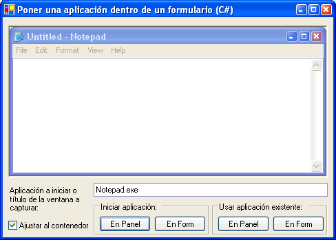 La aplicación con el bloc de notas en un control Panel