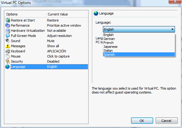 Figura 3. Seleccionar el idioma de Virtual PC 2007