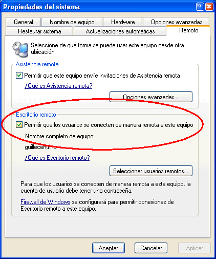 Figura 1. Permitir acceso al escritorio remoto de Windows XP