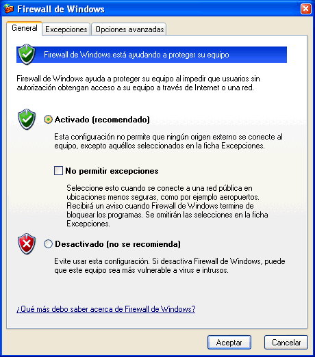 Figura 2. Activar el firewall de Windows XP y permitir excepciones