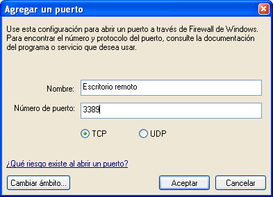 Figura 7. Agregar el puerto 3389 al firewall de Windows XP