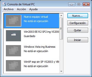 Figura 1. La ventana principal de Virtual PC 2007 (la Consola)