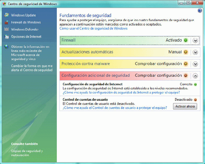 Figura 1. Centro de seguridad de Windows Vista